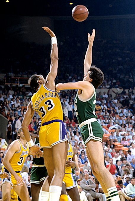 Picture of Boston Celtics Kevin McHale vs Los Angeles Lakers Kareem Abdul-Jabbar in the 1985 NBA Finals. Photo by Steve Lipofsky