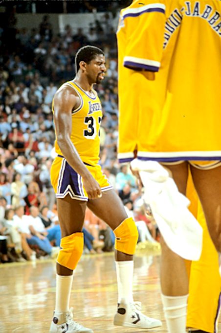 Picture of Los Angeles Lakers Magic Johnson in the 1985 NBA Finals vs the Boston Celtics, Kareem Abdul-Jabbar in the front of the photo. Photo by Steve Lipofsky
