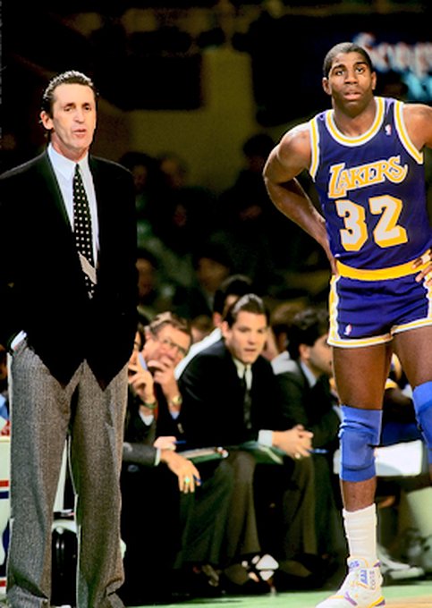 Lakers vs. Celtics Pictures: Los Angeles Lakers coach Pat Riley with Magic  Johnson